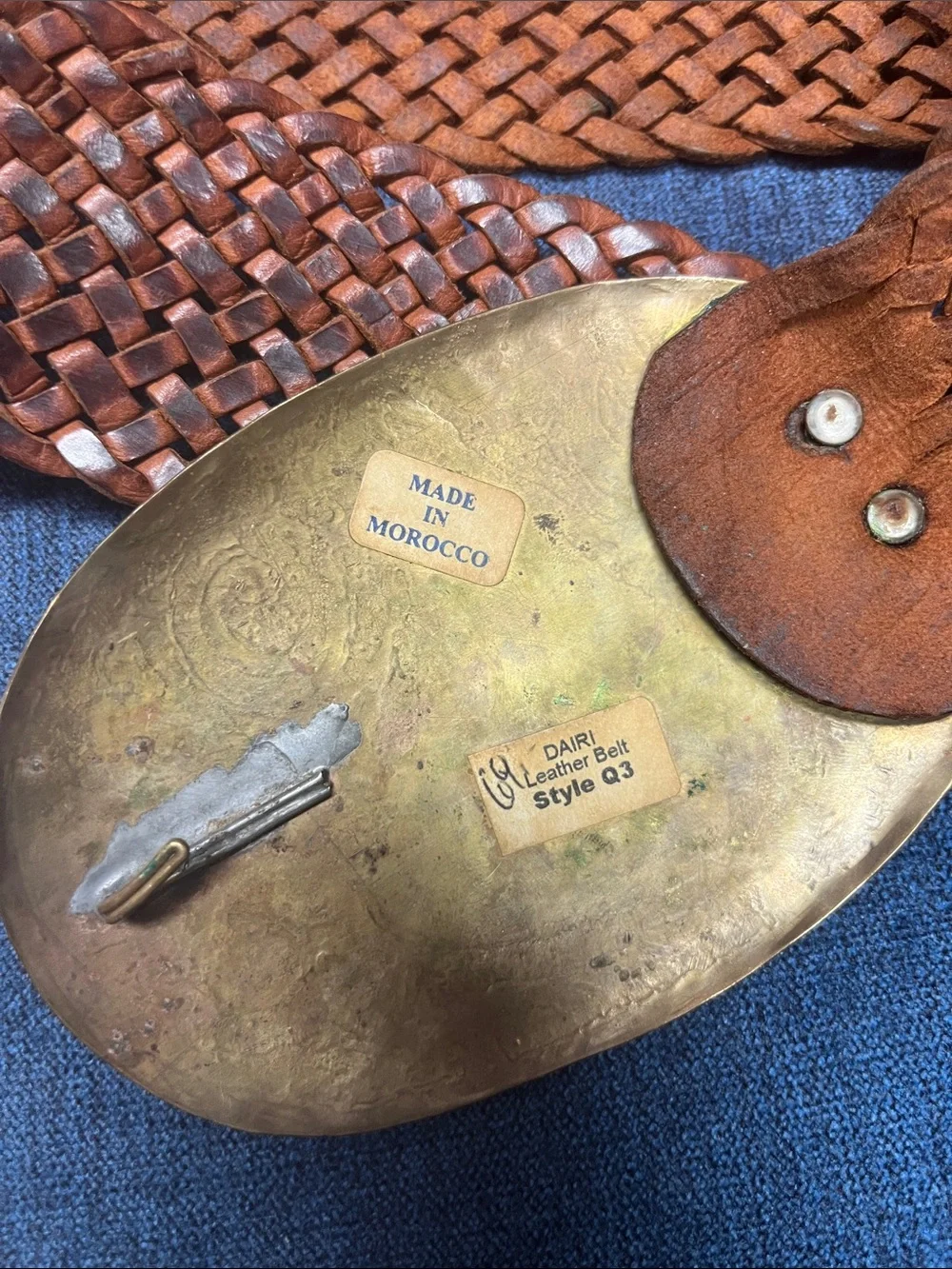 Dairi Moroccan Woven Leather Belt with Etched Brass Buckle and Stone